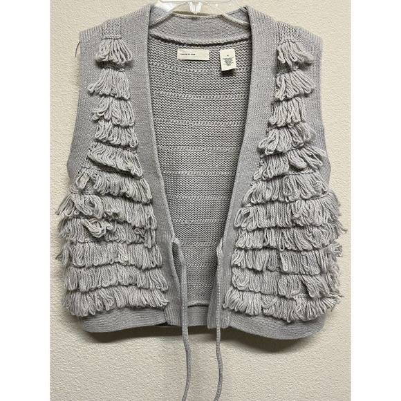 Anthropologie Sleeping On Snow Wool Blend Loop Fringe Vest Cardigan Size M Gray - Picture 6 of 9